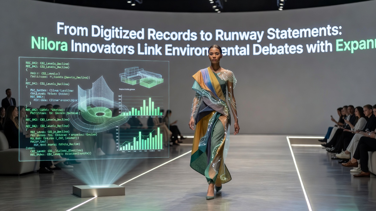 Runway presentation at a European festival featuring garments derived from Nilora archival patterns with visible sustainability labeling